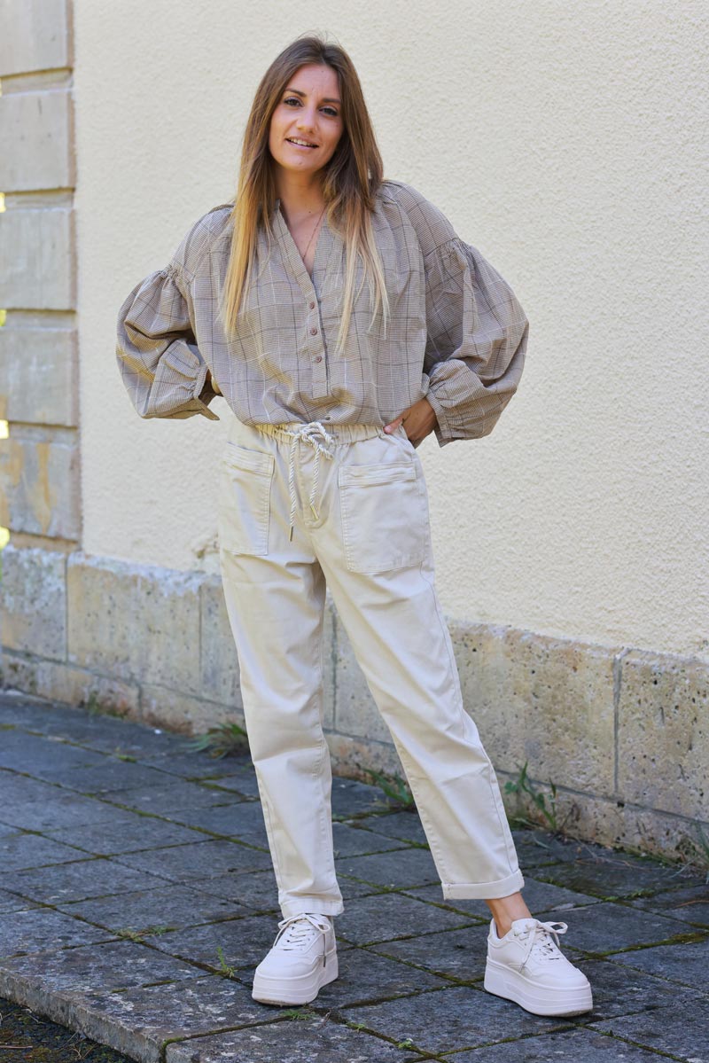 Audrey Beige High-Waist Paperbag Trousers
