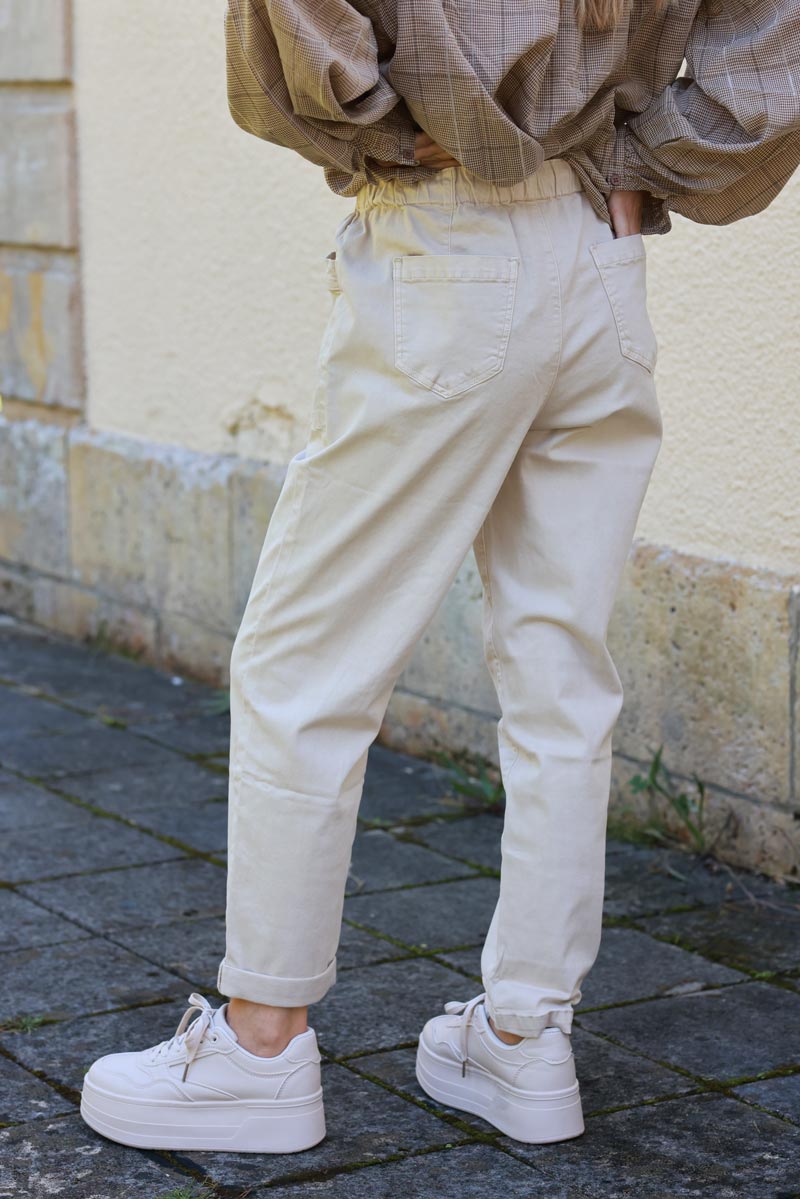 Audrey Beige High-Waist Paperbag Trousers