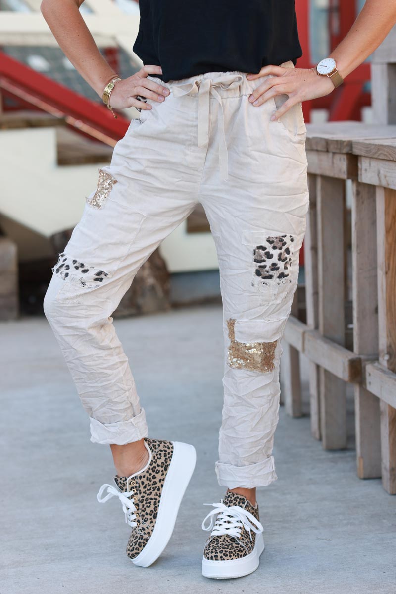 Cream Twill Leopard Patch Joggers