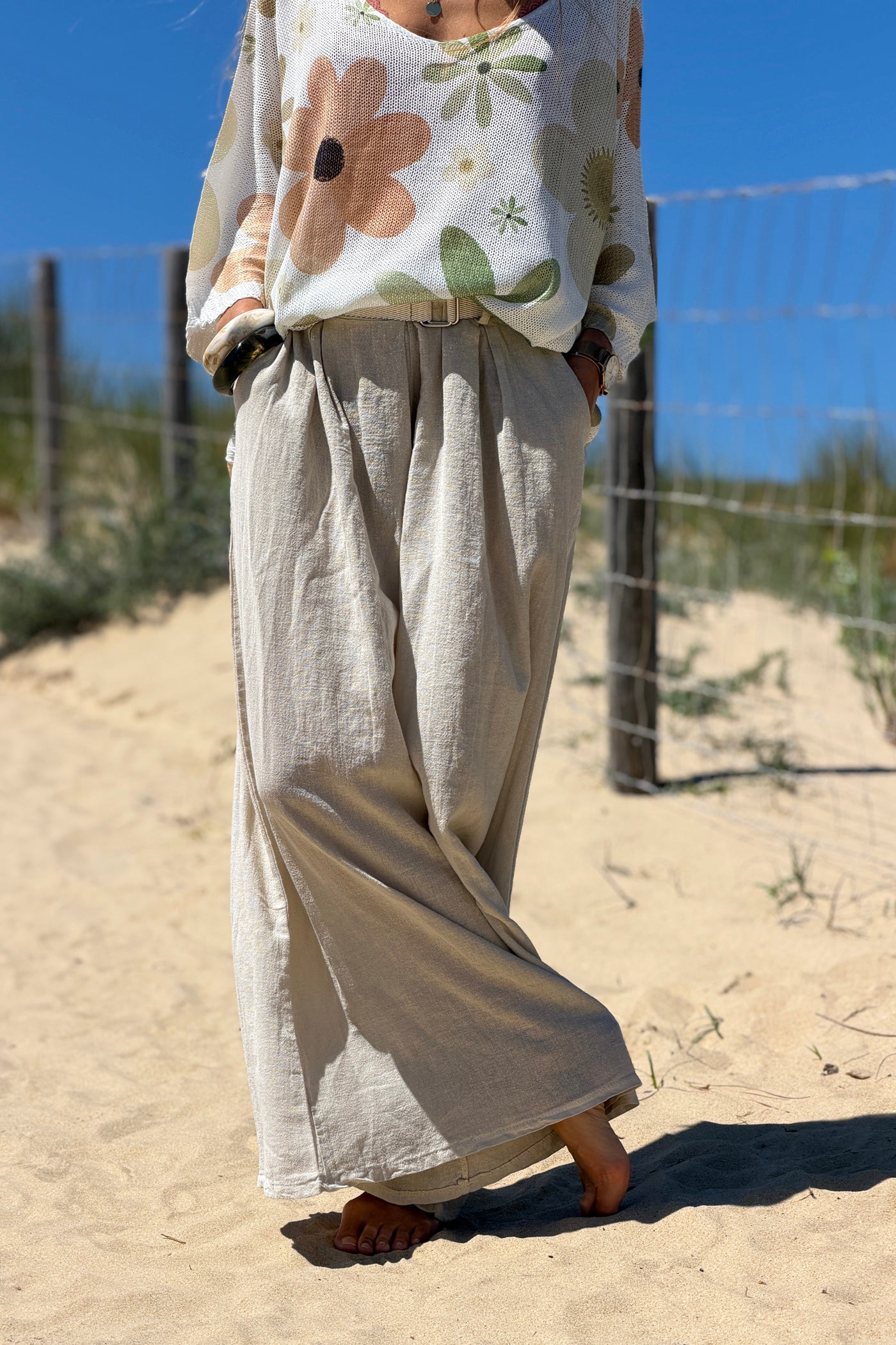 Beige Gauze Belted Ultra Wide-Leg Pants