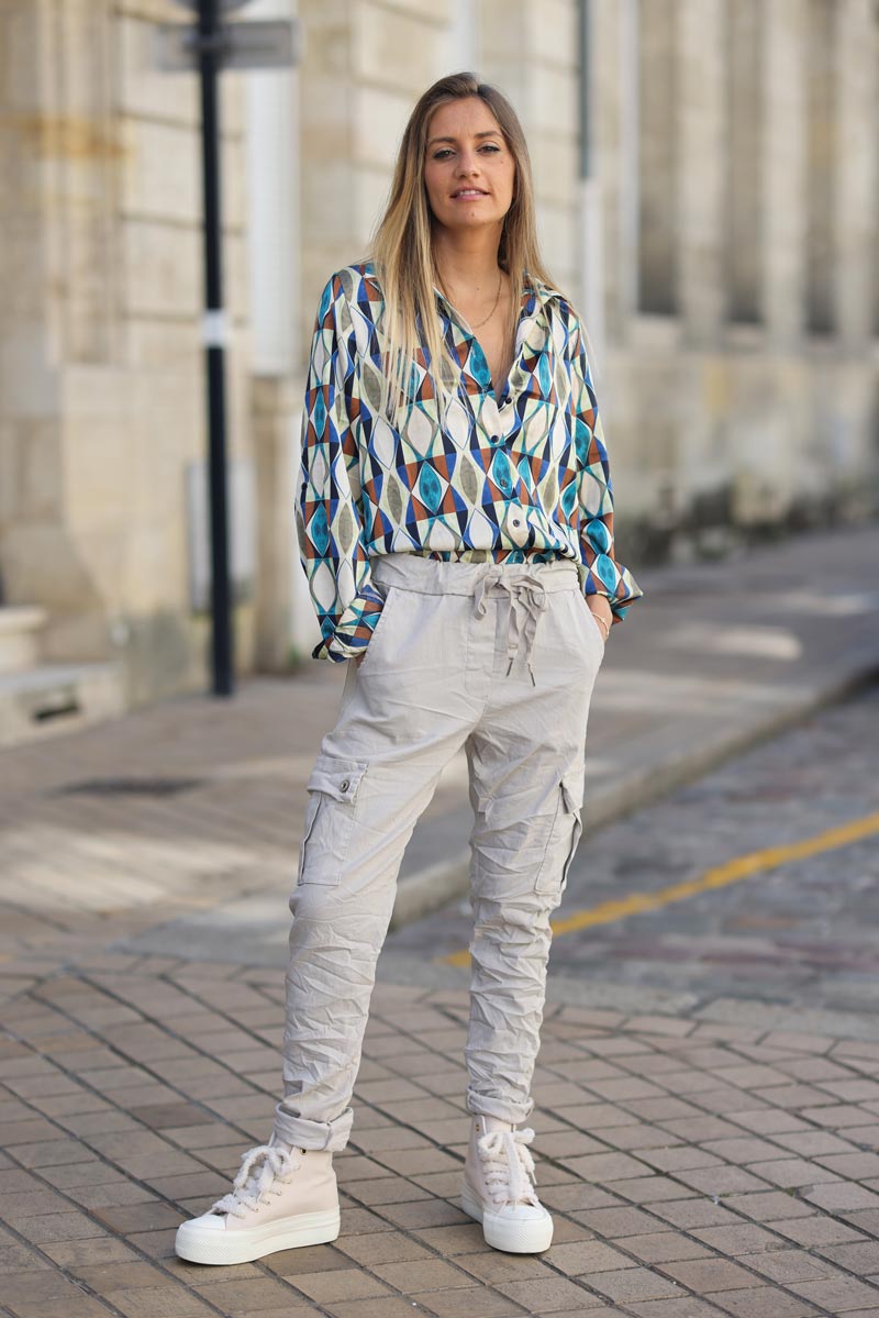 Pantalon beige en toile confort stretch coupe cargo H003 (1)