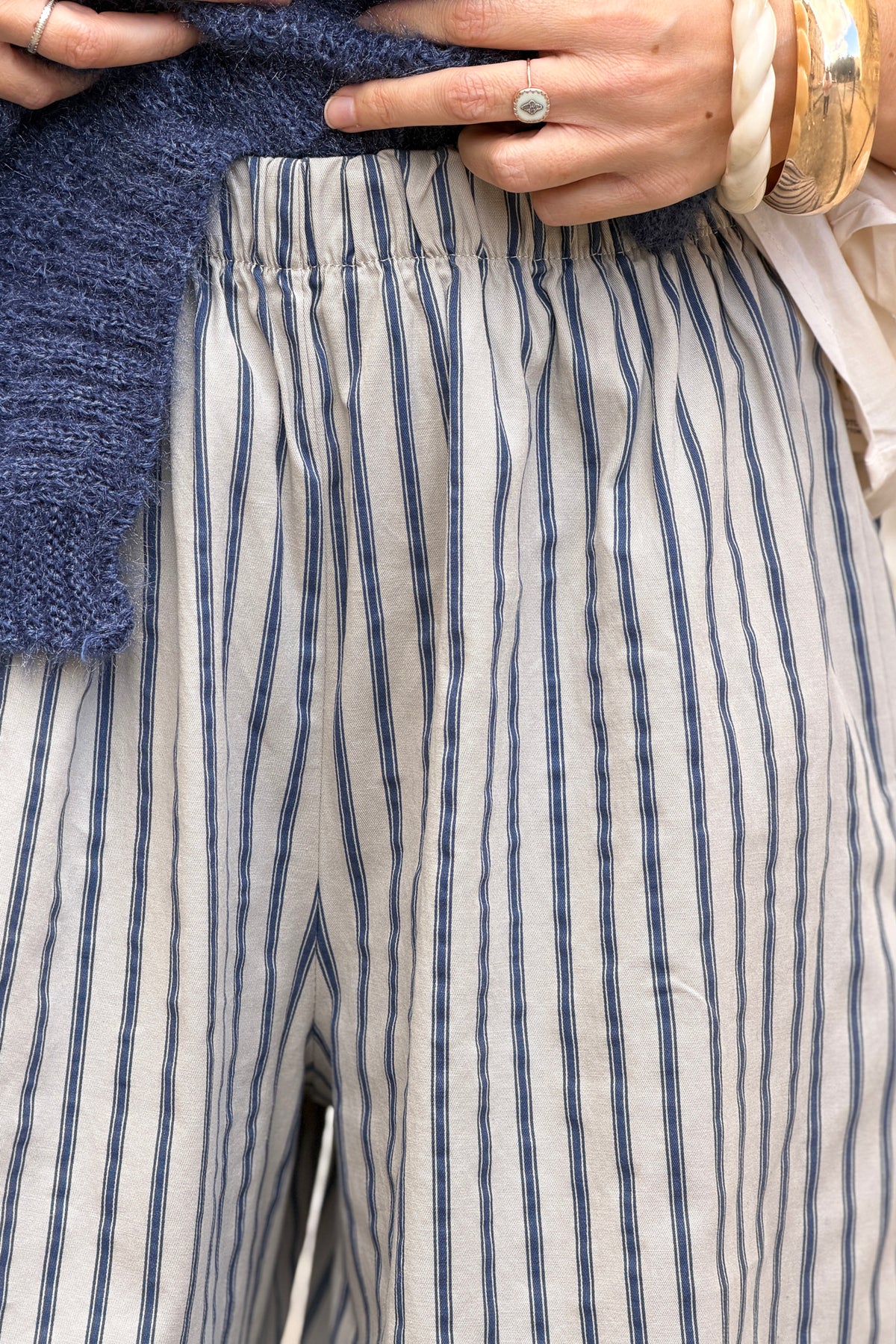 Beige Wide-Leg Pinstripe Pants