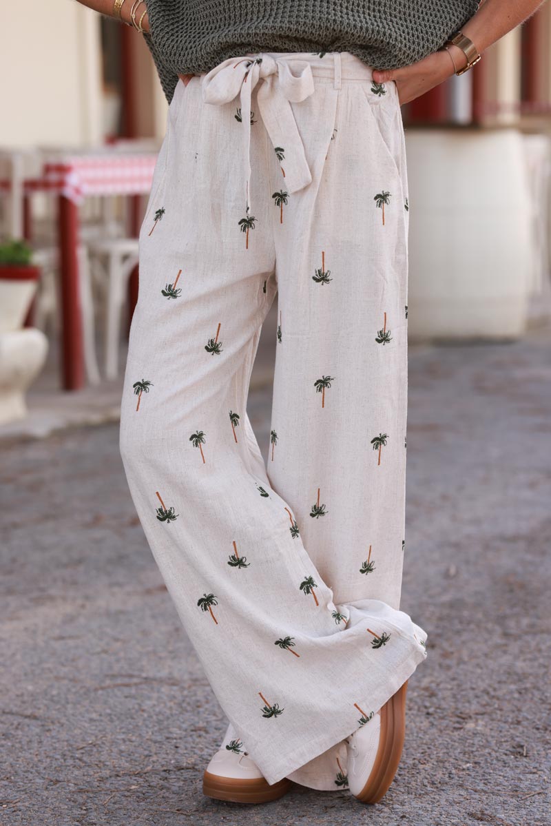 Pantalón ancho recto fluido beige en mezcla de lino con bordado de palmeras