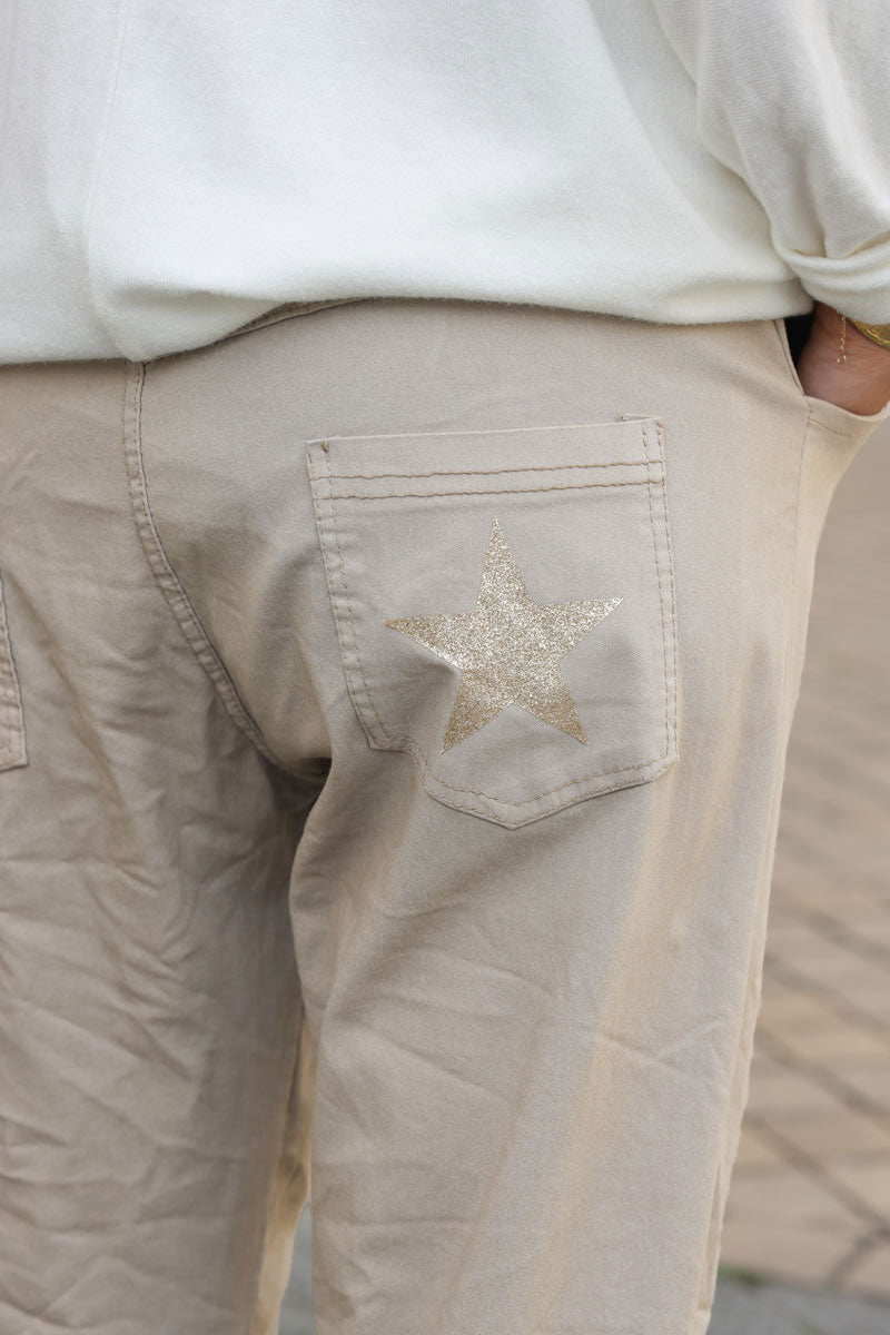 Pantalon confort beige foncé en toile stretch étoile brillante paillettes