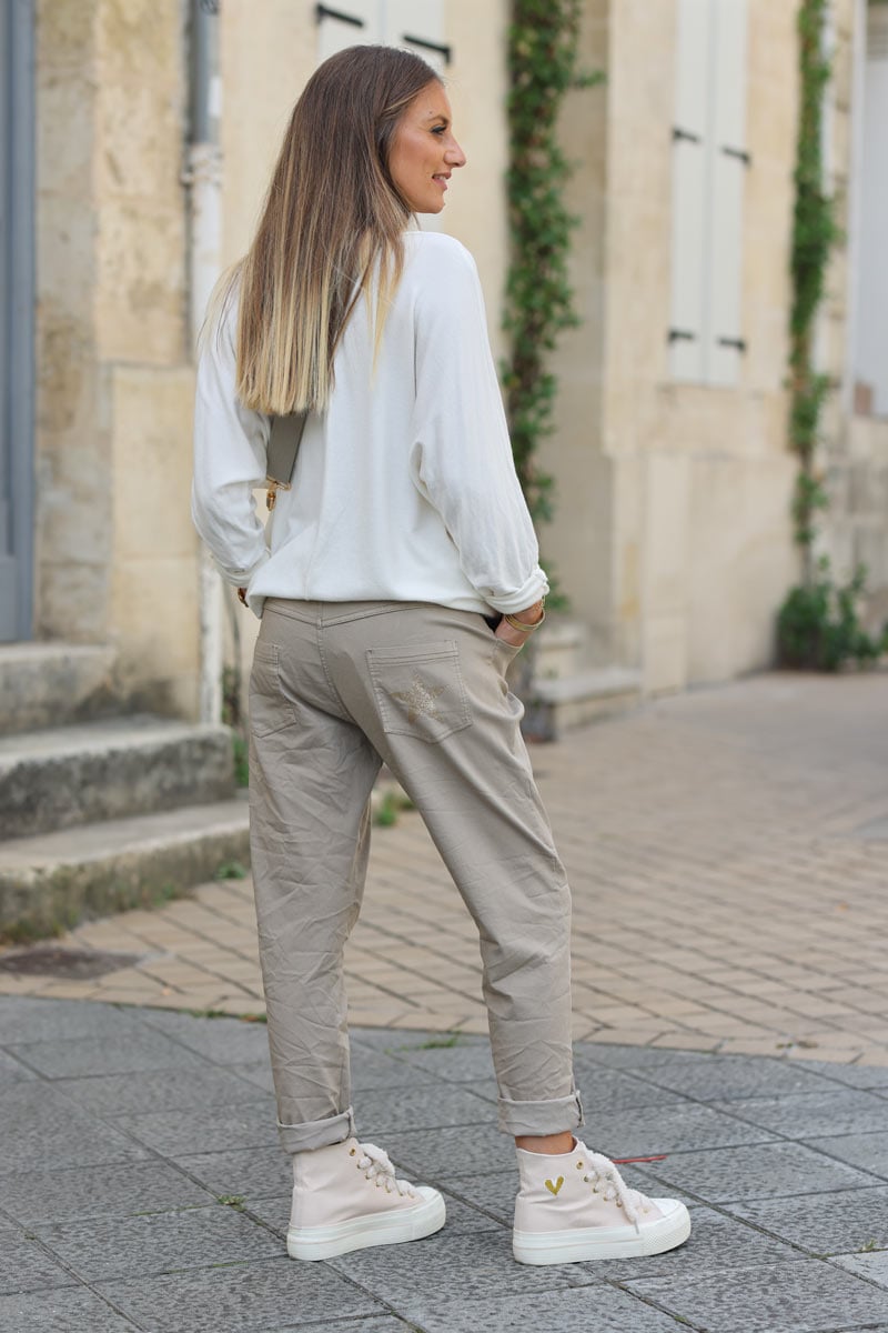 Pantalon beige hiver confort en toile stretch special Belle et Ronde etoile brillante h076 h038 (1)