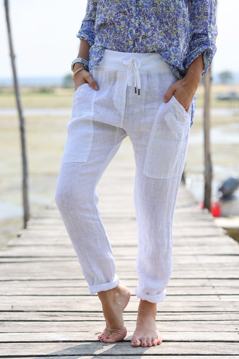 Pantalon bi matiere lin et coton blanc stretch grandes poches h101 (1)