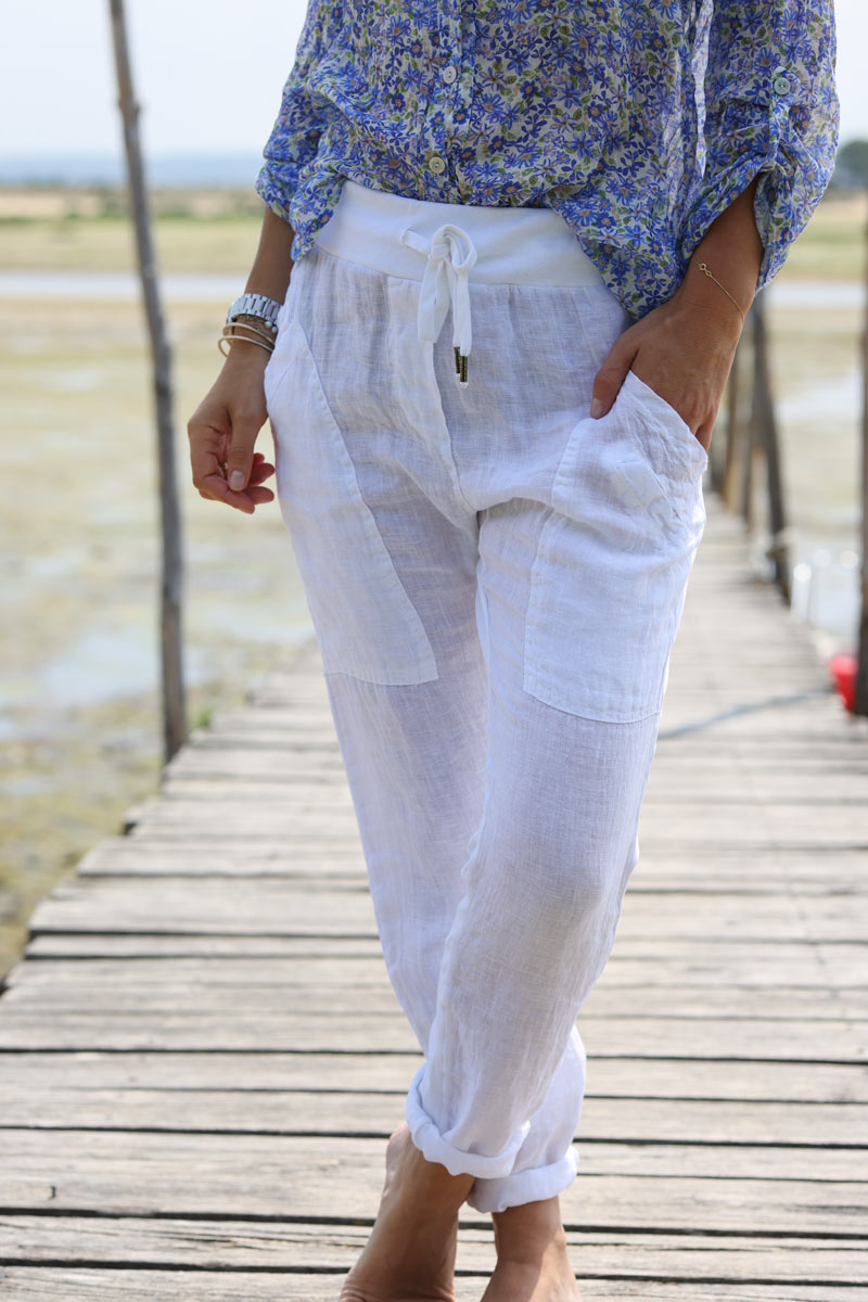 Pantalon bi matiere lin et coton blanc stretch grandes poches h101 (1)