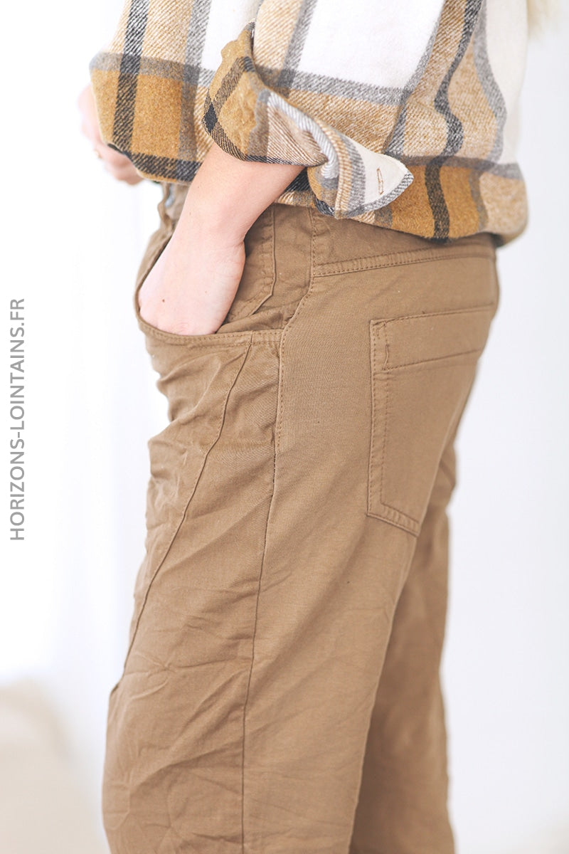Pantalon bi matiere toile jersey confort souple stretch taille haute camel (1)