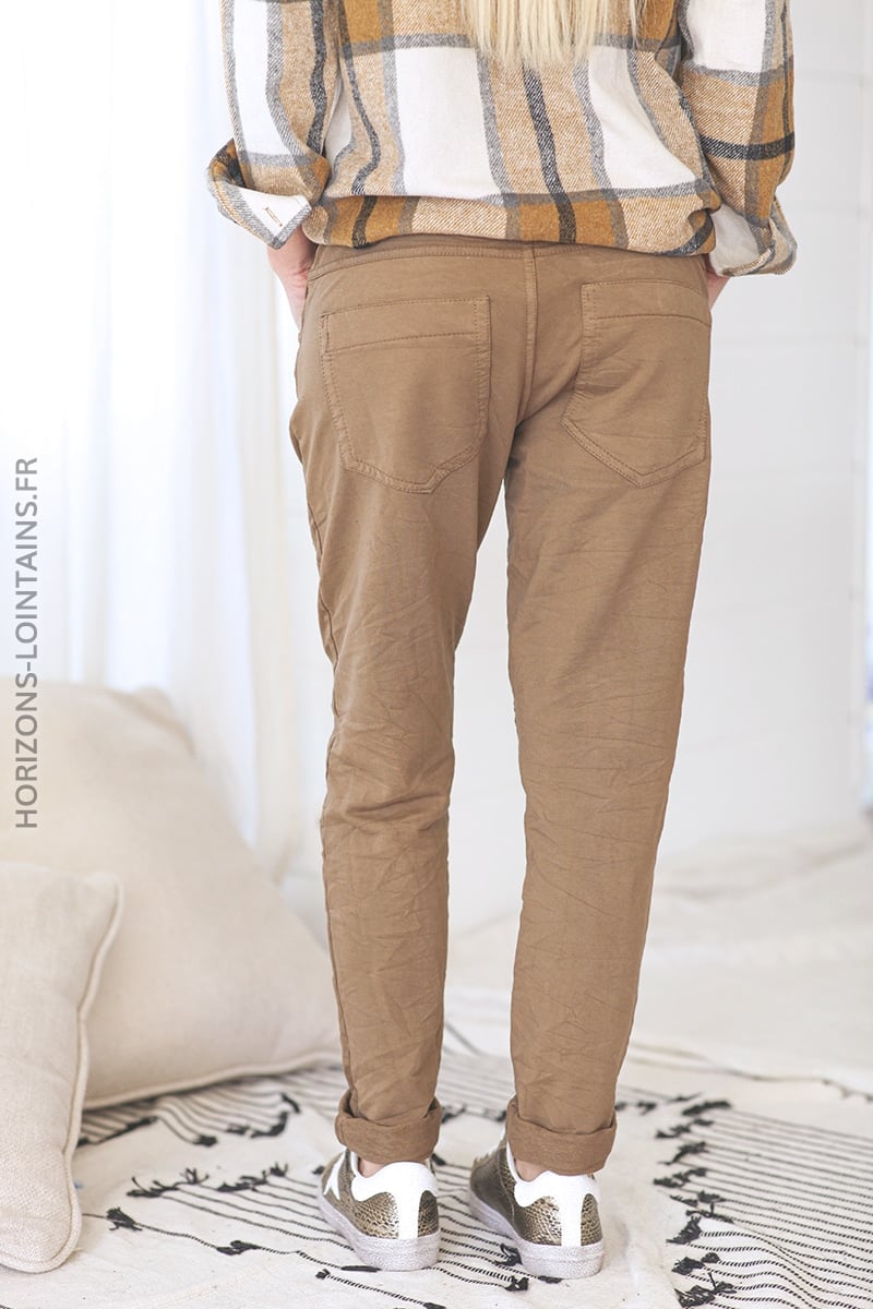 Pantalon bi matiere toile jersey confort souple stretch taille haute camel (1)
