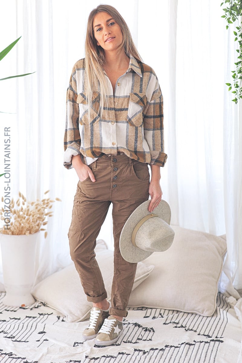 Pantalon bi matiere toile jersey confort souple stretch taille haute camel (1)