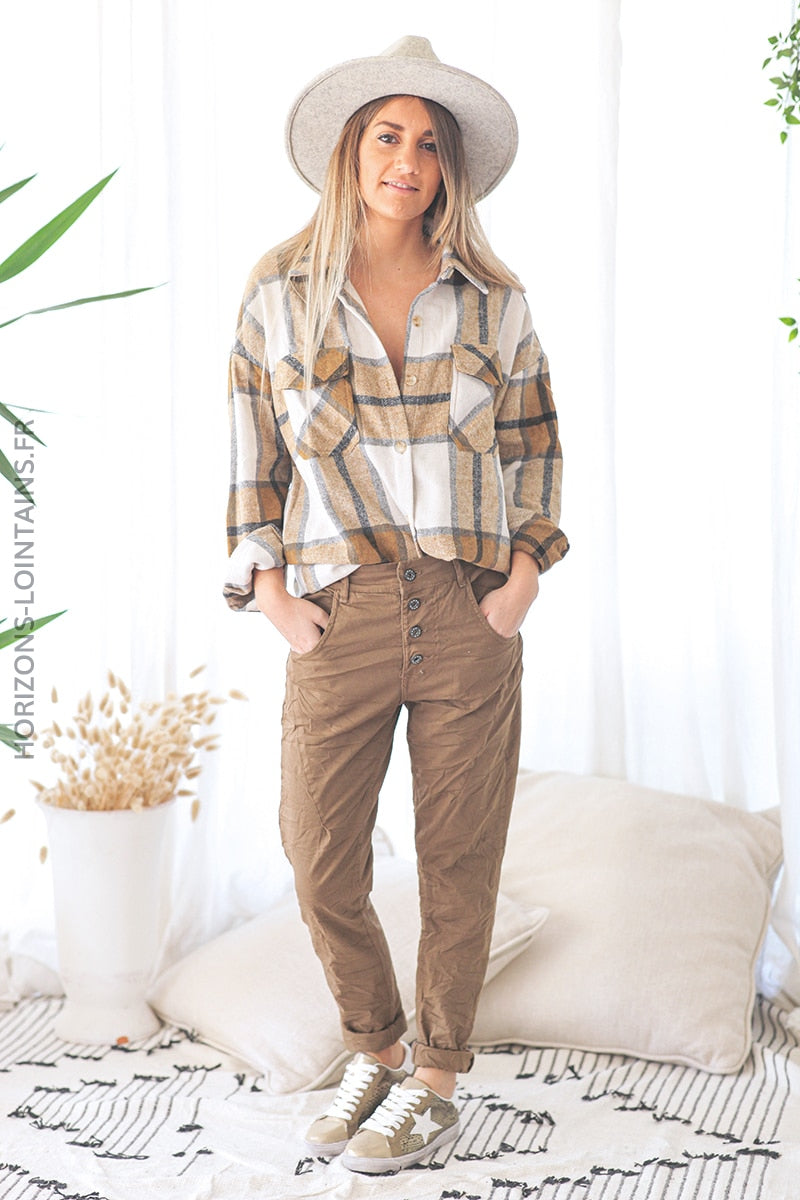 Pantalon bi matiere toile jersey confort souple stretch taille haute camel (1)