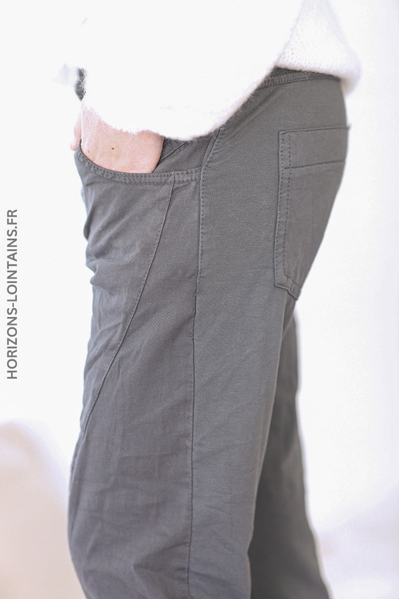 Pantalon bi matiere toile jersey confort souple stretch taille haute gris foncé (1)