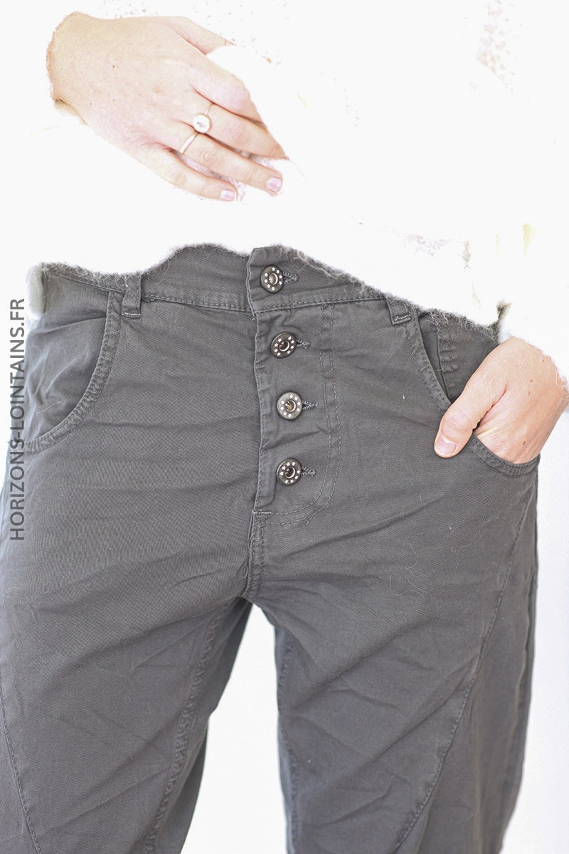 Pantalon bi matiere toile jersey confort souple stretch taille haute gris foncé (1)