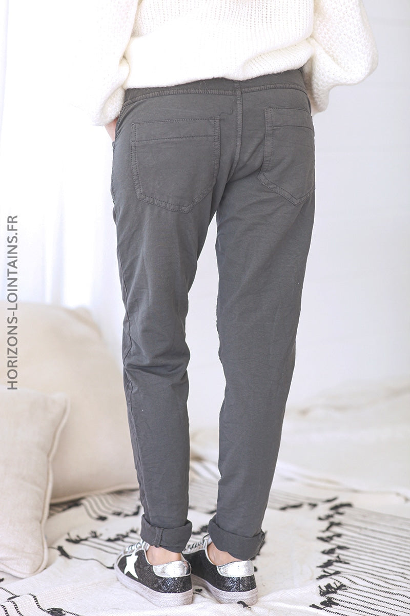 Pantalon bi matiere toile jersey confort souple stretch taille haute gris foncé (1)