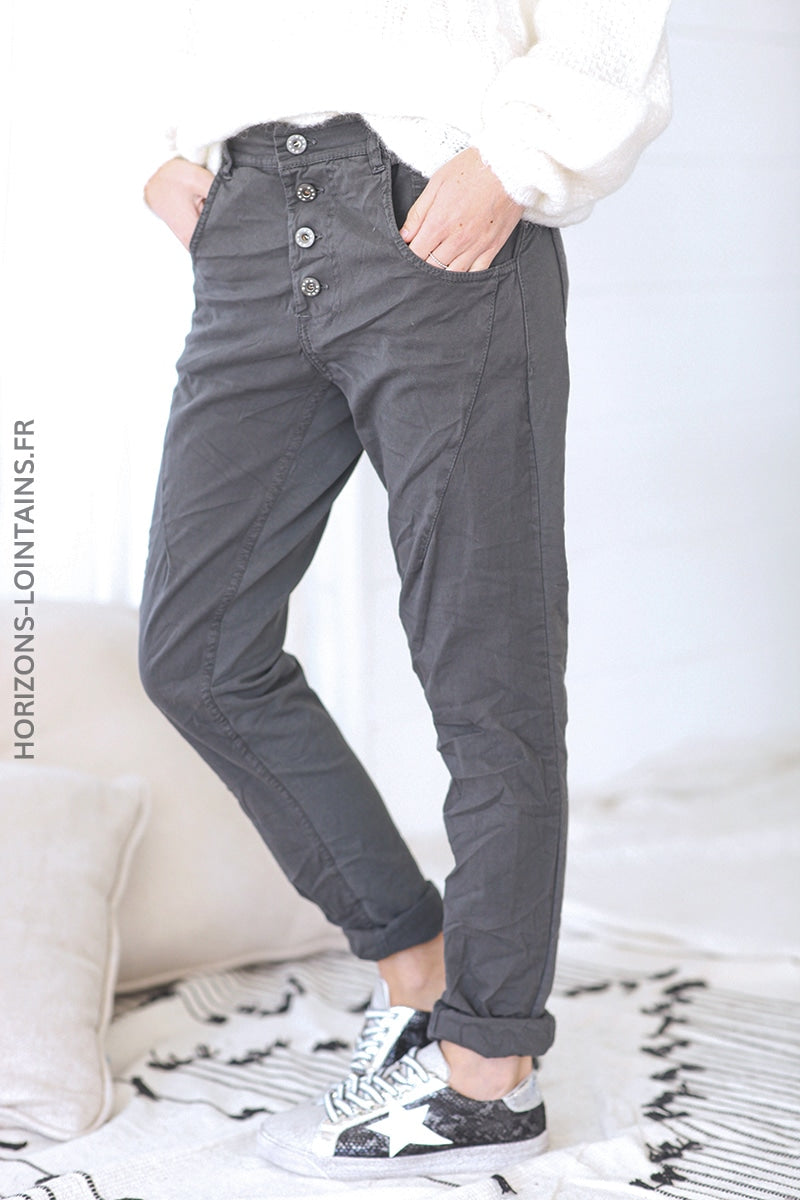Pantalon bi matiere toile jersey confort souple stretch taille haute gris foncé (1)