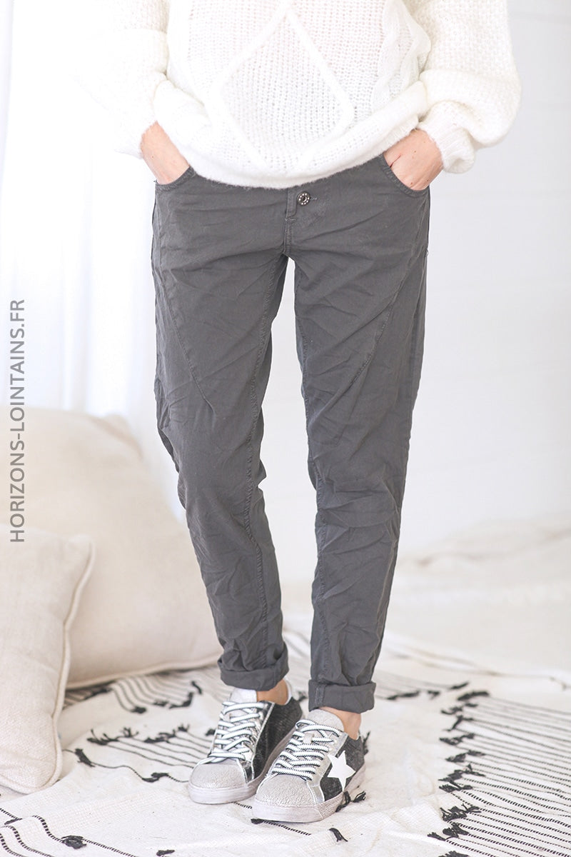 Pantalon bi matiere toile jersey confort souple stretch taille haute gris foncé (1)