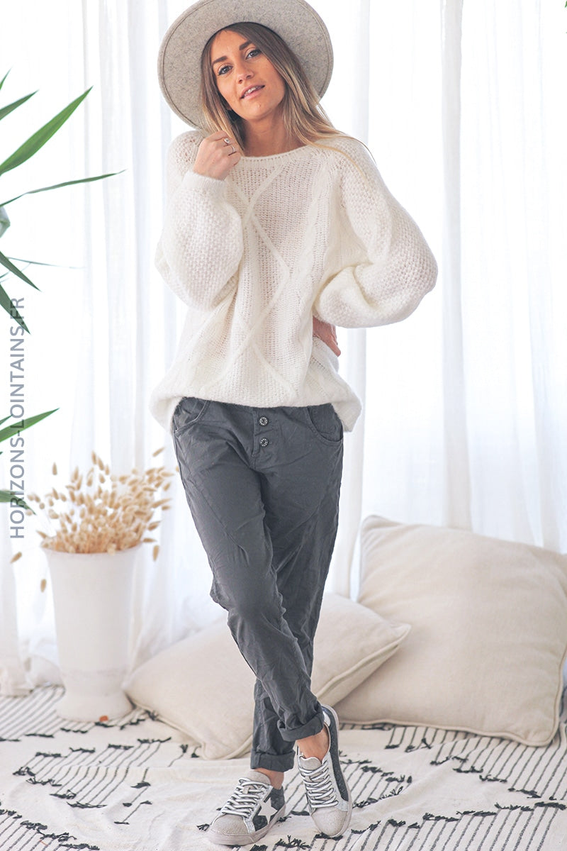 Pantalon bi matiere toile jersey confort souple stretch taille haute gris foncé (1)