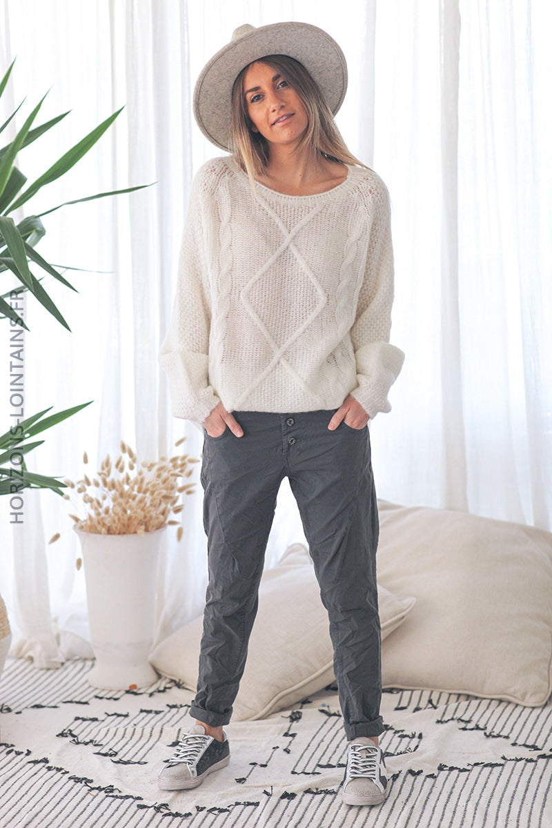 Pantalon bi matiere toile jersey confort souple stretch taille haute gris foncé (1)
