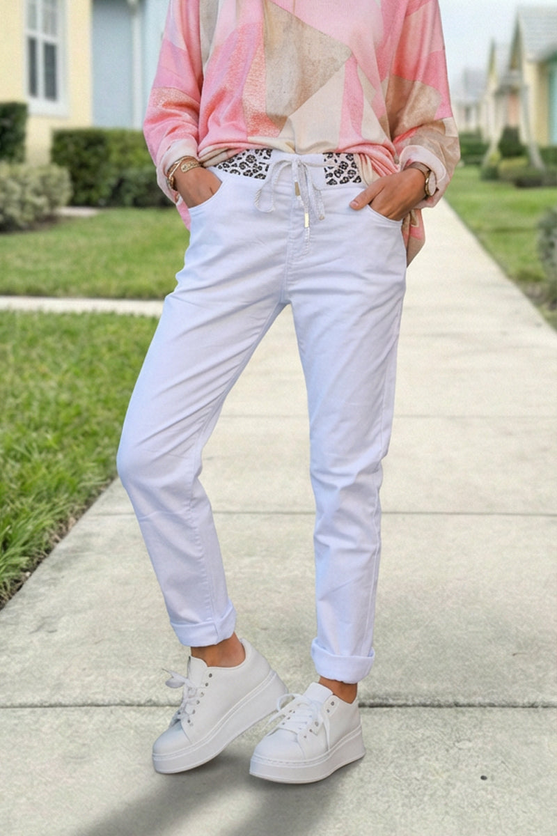 White Stretch Leopard Waist Joggers