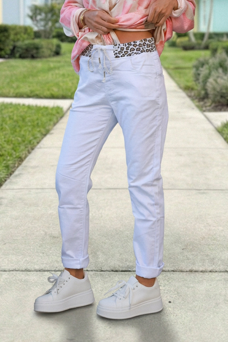 White Stretch Leopard Waist Joggers