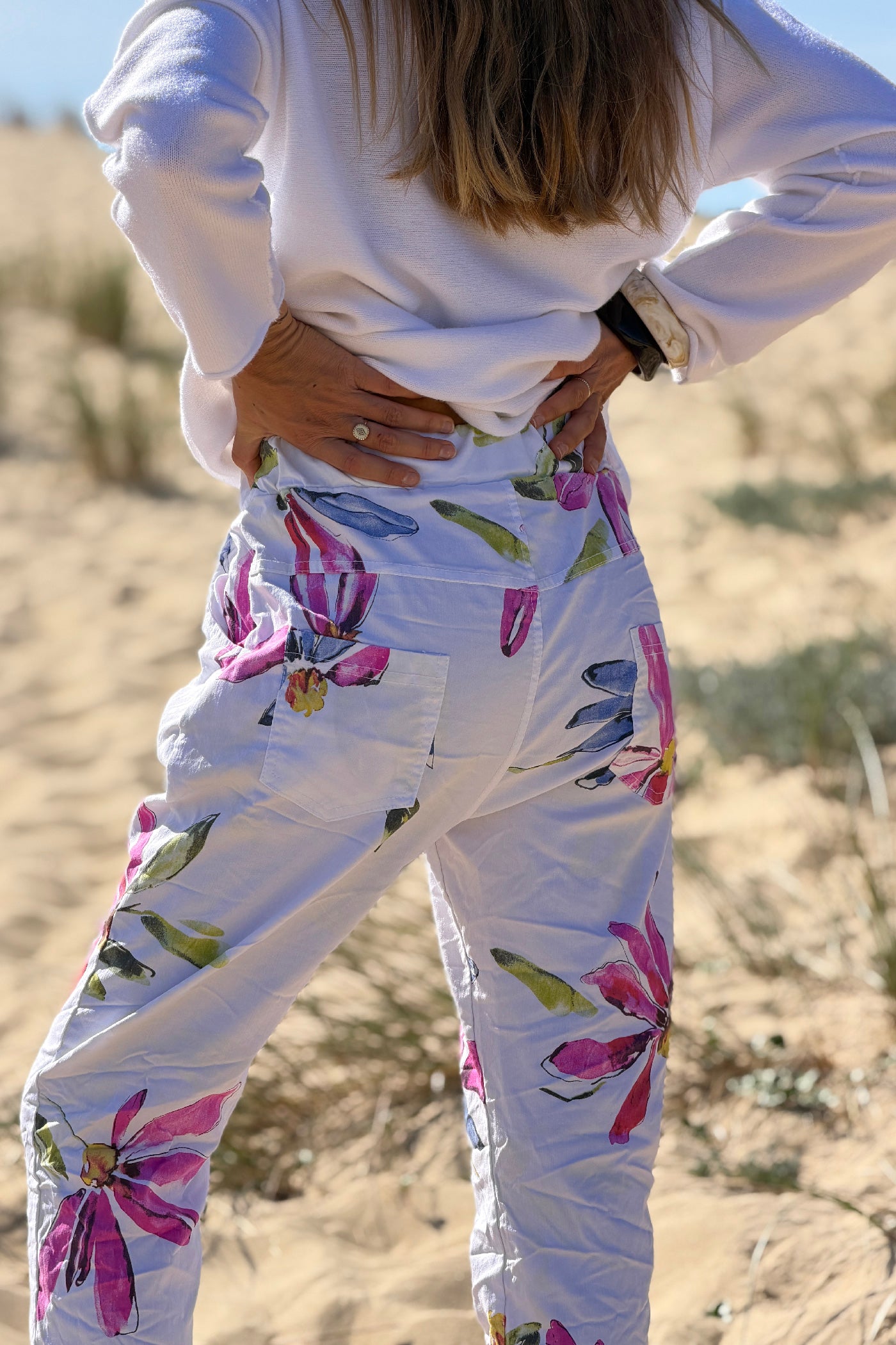 White Floral Art Print Pull-On Pants