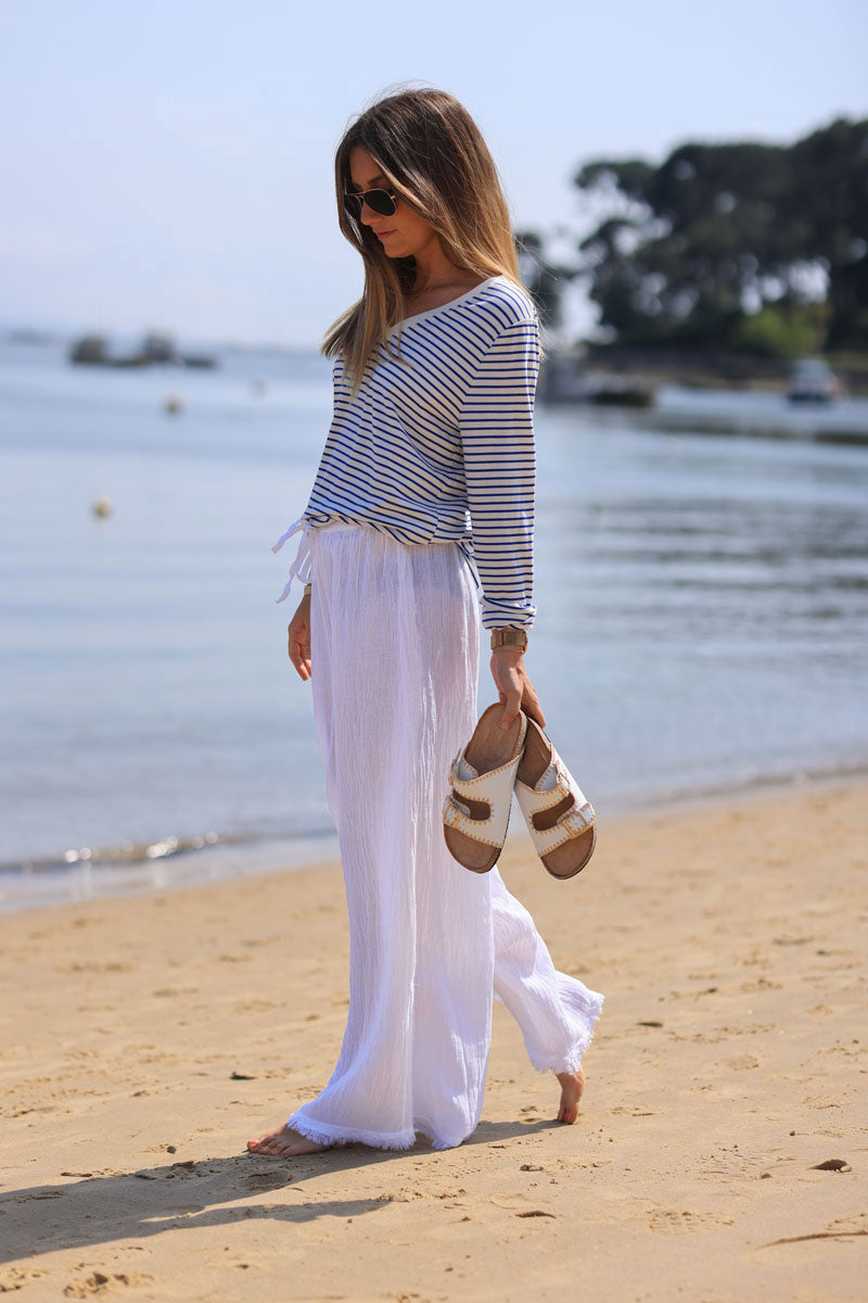 Pantalon blanc large et souple mi coton mi lin finitions franges
