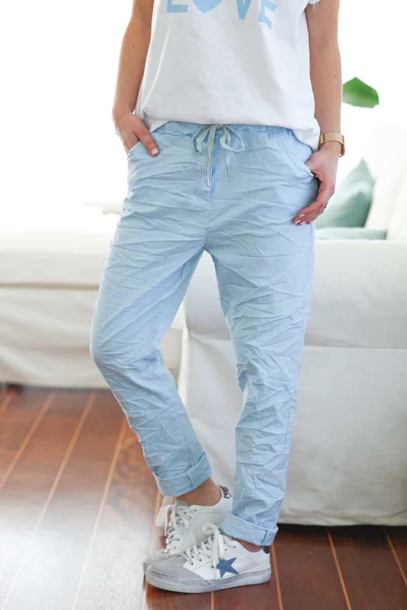 Sky blue creased effect trousers elasticated waist