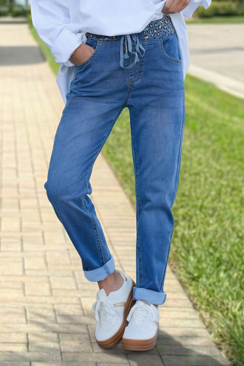 Denim Stretch Leopard Waist Joggers