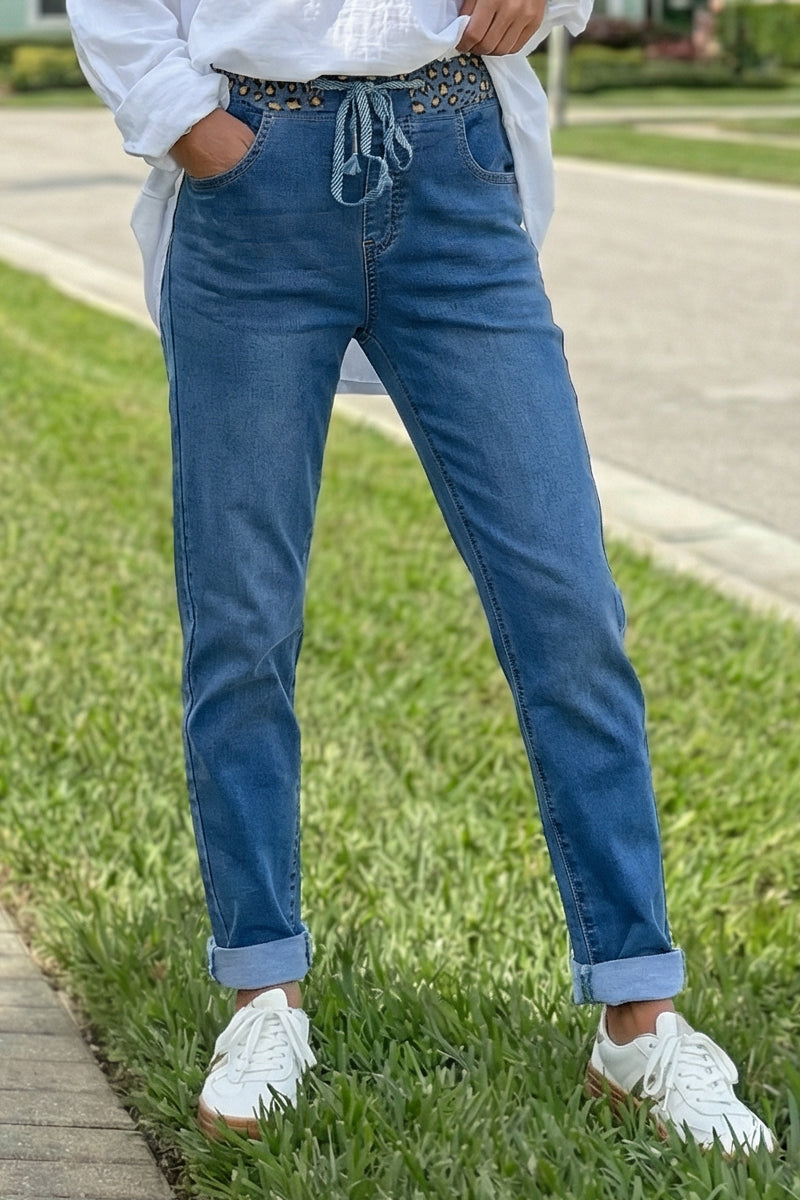 Denim Stretch Leopard Waist Joggers