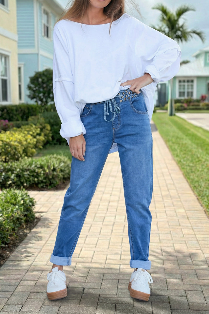 Denim Stretch Leopard Waist Joggers