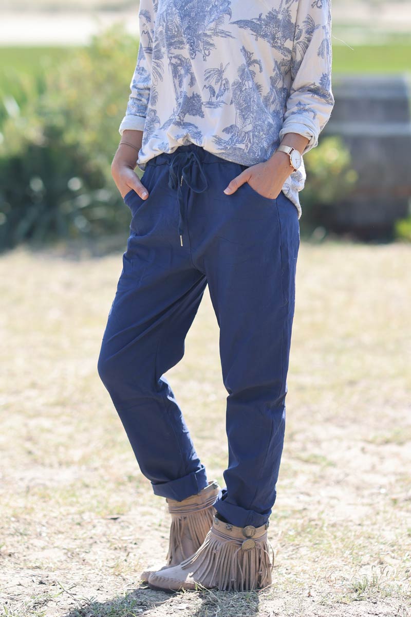 Pantalón elástico confort azul marino con cinturilla elástica