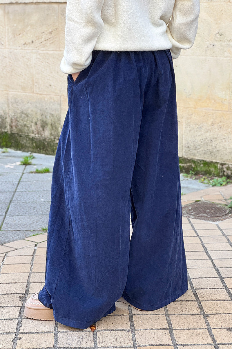 Navy Blue Cotton Wide-Leg Pants