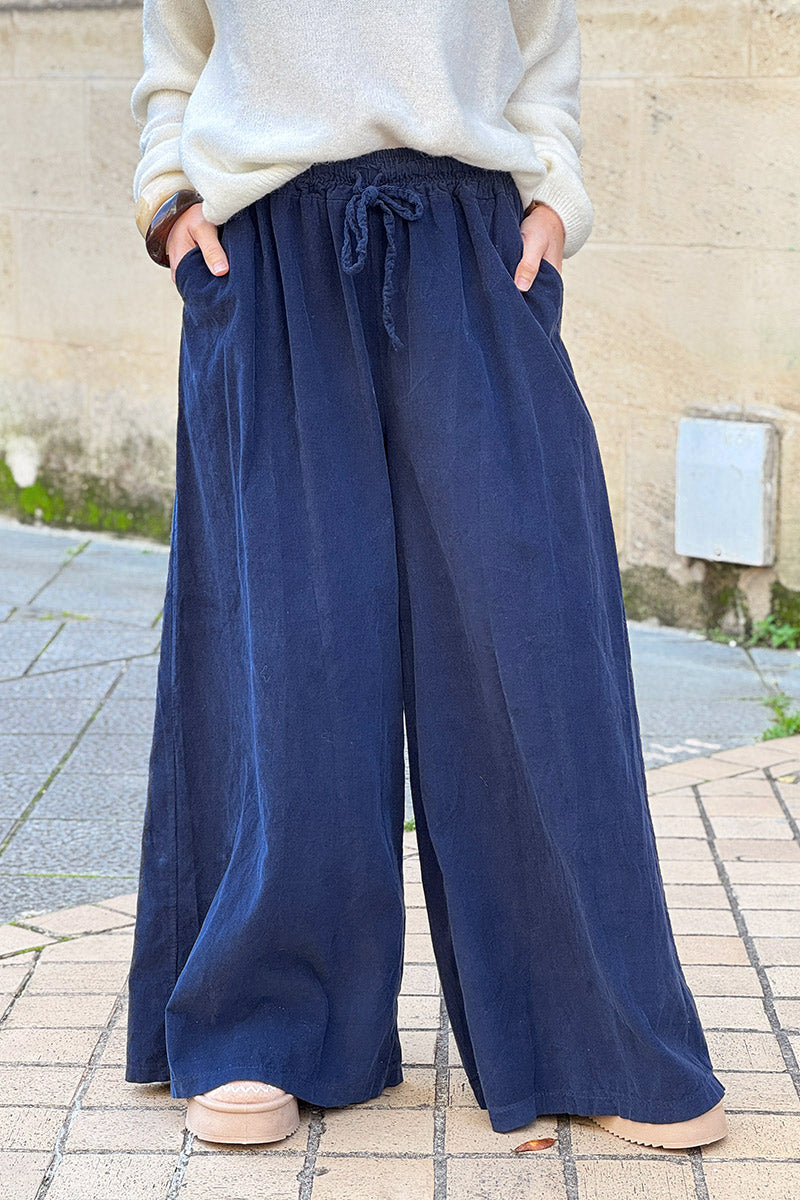 Navy Blue Cotton Wide-Leg Pants