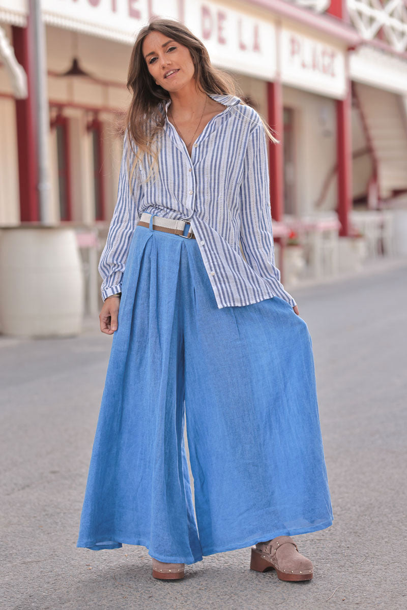 Royal Blue Gauze Belted Ultra Wide-Leg Pants - Main Image