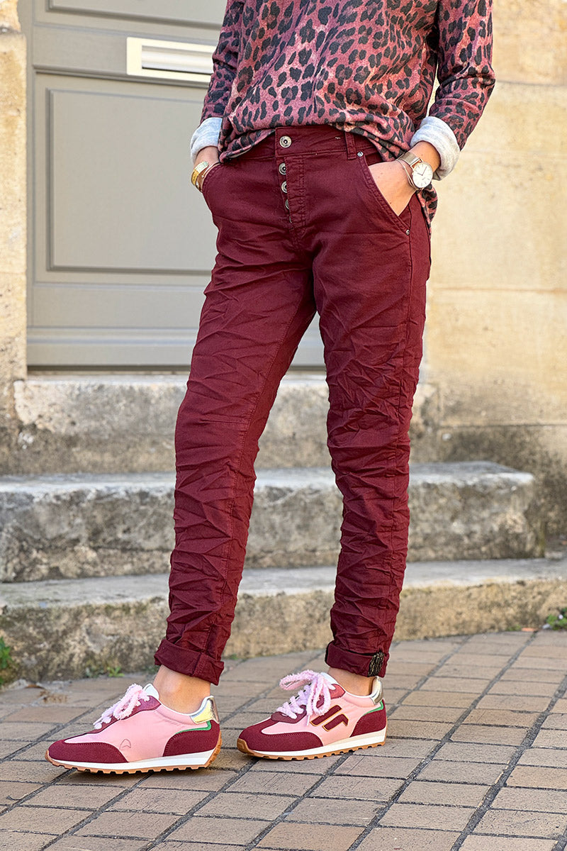 Slim Fit Burgundy Jeans with Silver Ankle Hem Edging