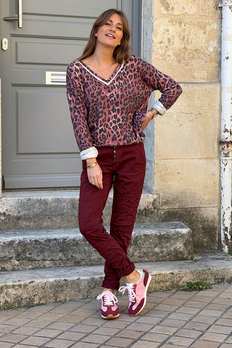 Slim Fit Burgundy Jeans with Silver Ankle Hem Edging