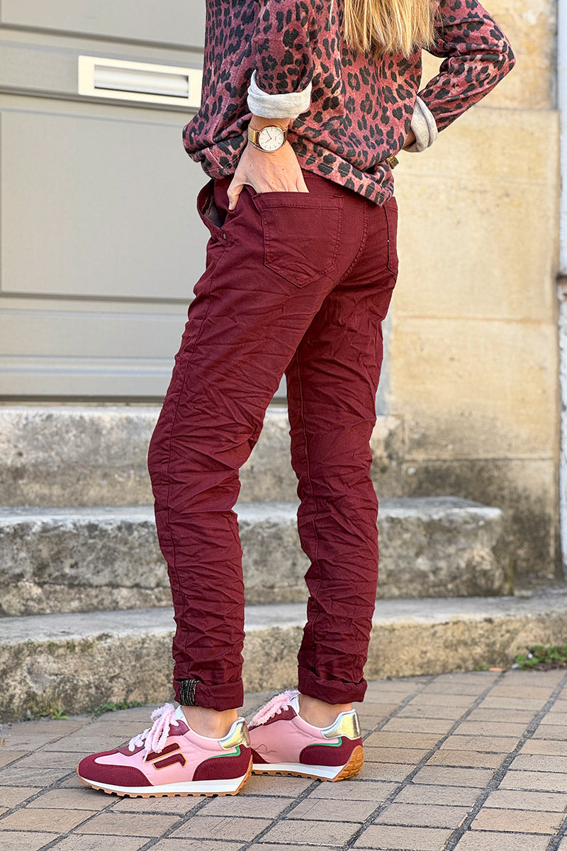 Slim Fit Burgundy Jeans with Silver Ankle Hem Edging
