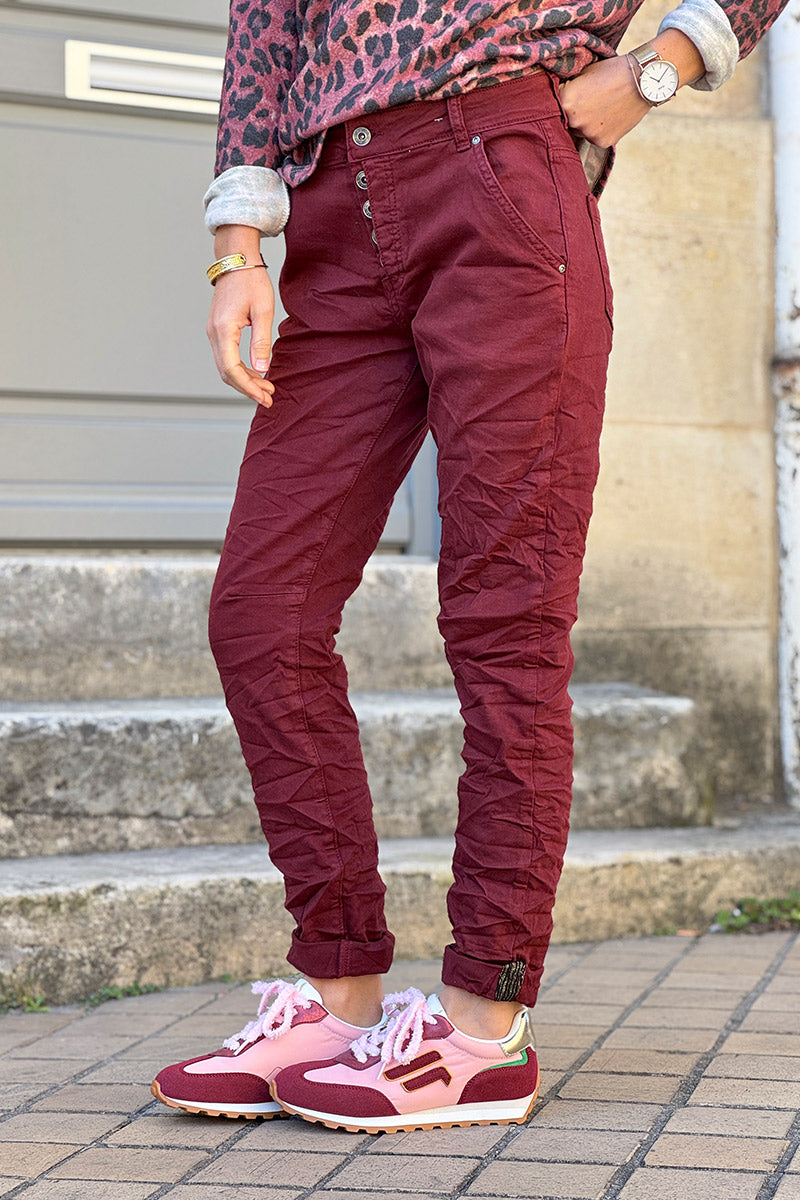 Slim Fit Burgundy Jeans with Silver Ankle Hem Edging
