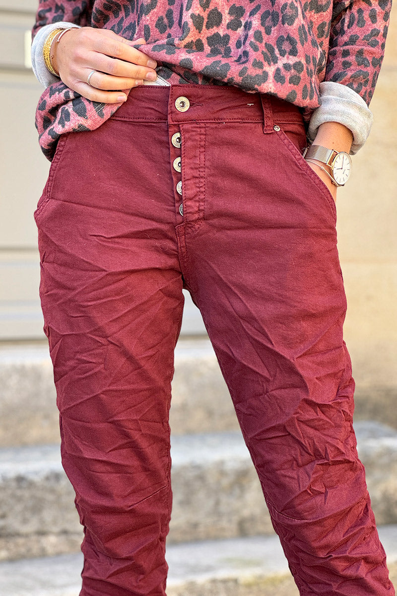 Slim Fit Burgundy Jeans with Silver Ankle Hem Edging