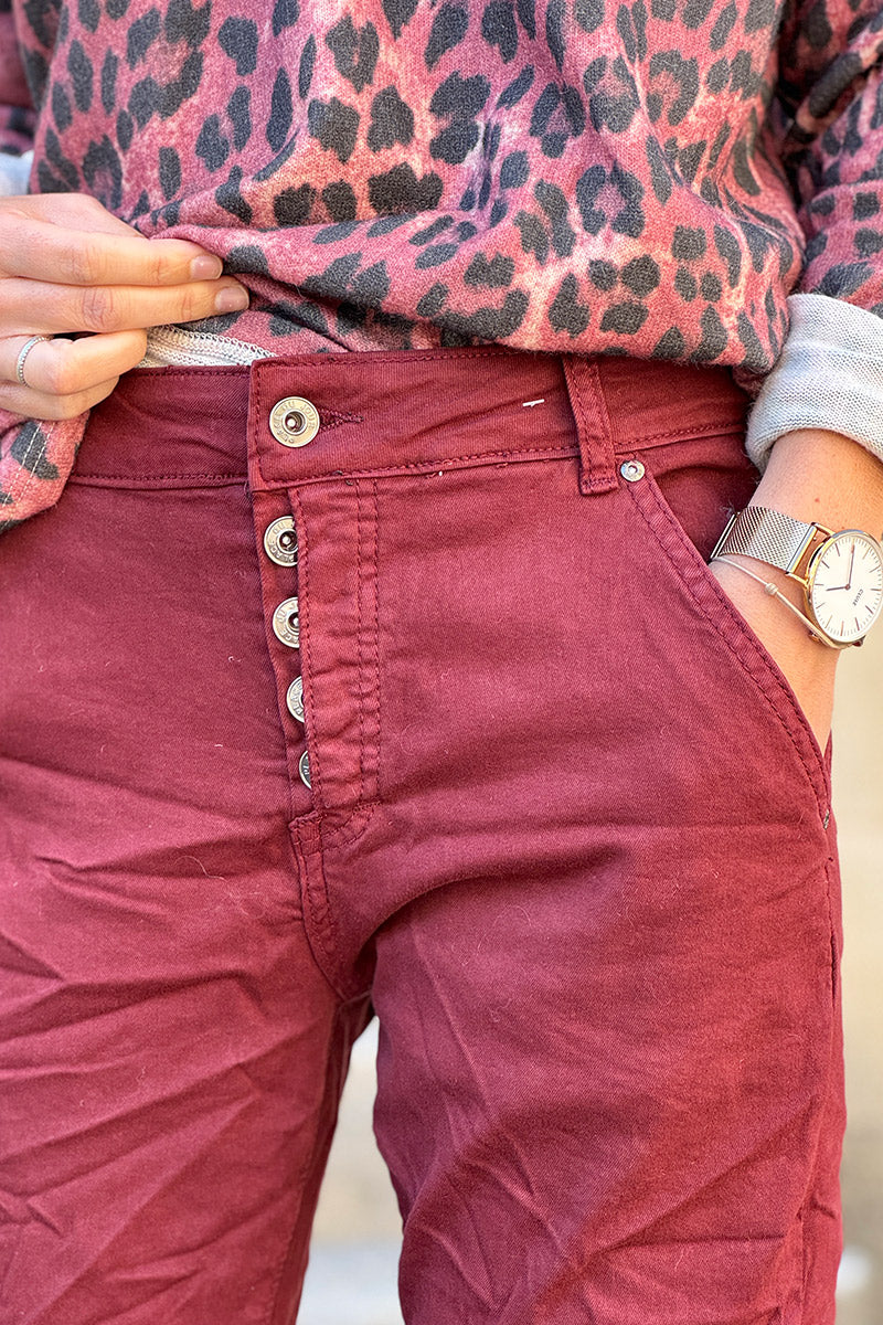 Slim Fit Burgundy Jeans with Silver Ankle Hem Edging