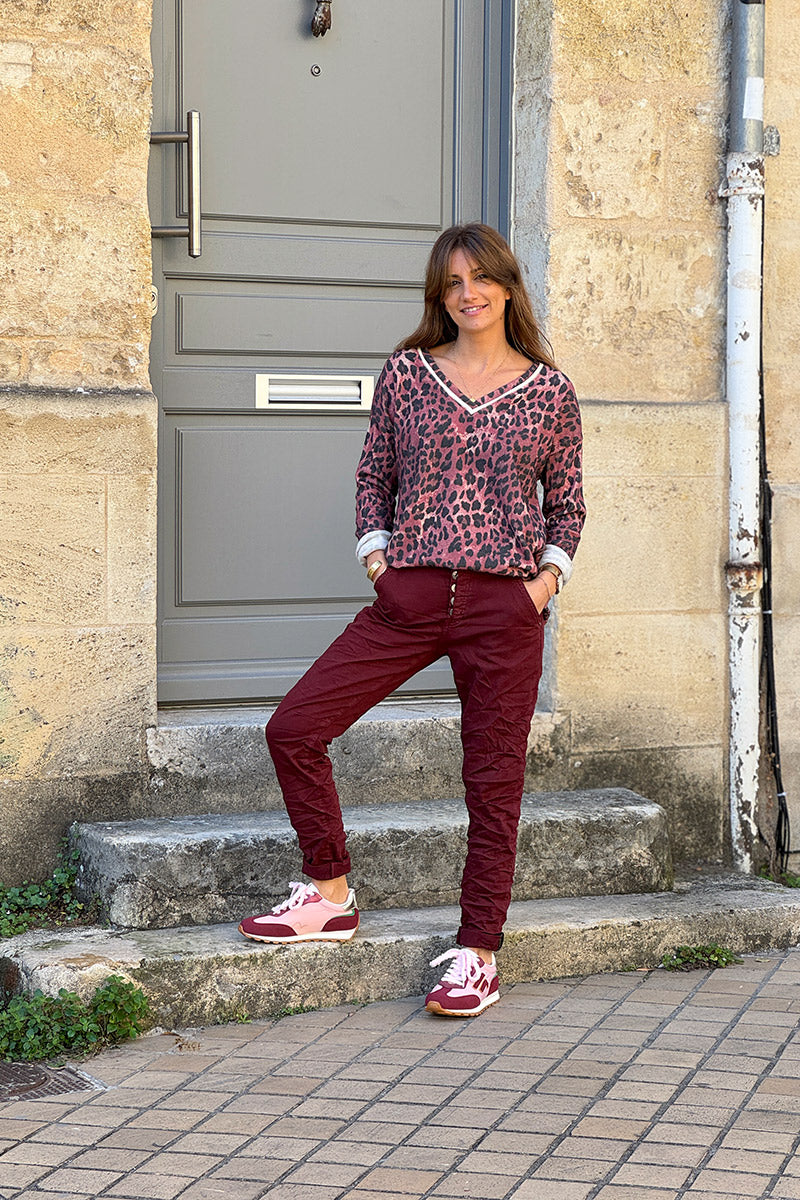 Slim Fit Burgundy Jeans with Silver Ankle Hem Edging