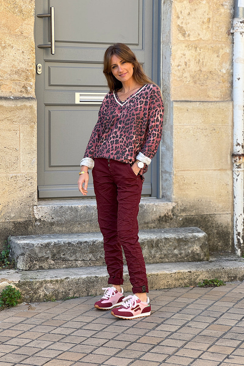 Slim Fit Burgundy Jeans with Silver Ankle Hem Edging