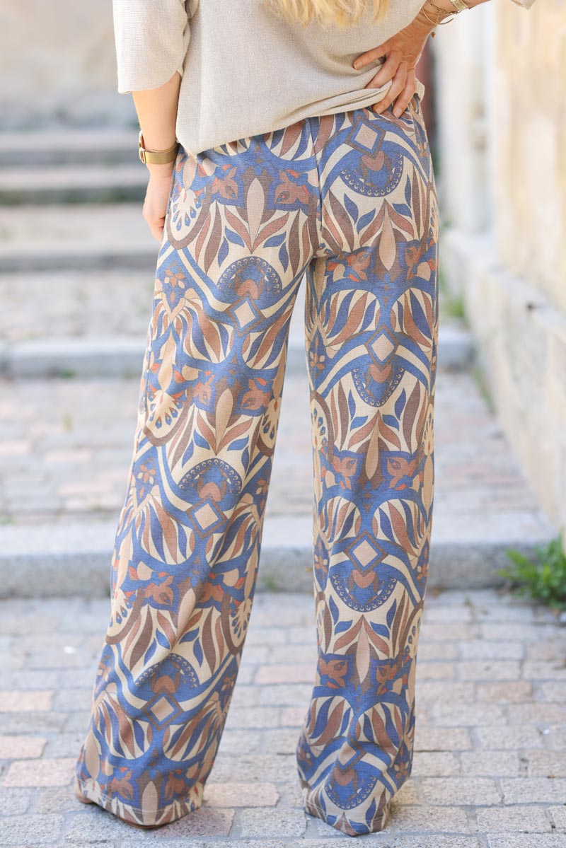 Pantalon brillant imprime ethnique bleu G188 (1)