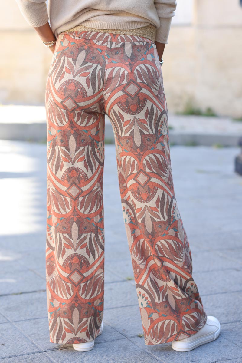 Pantalon brillant imprime ethnique orange G188 (1)