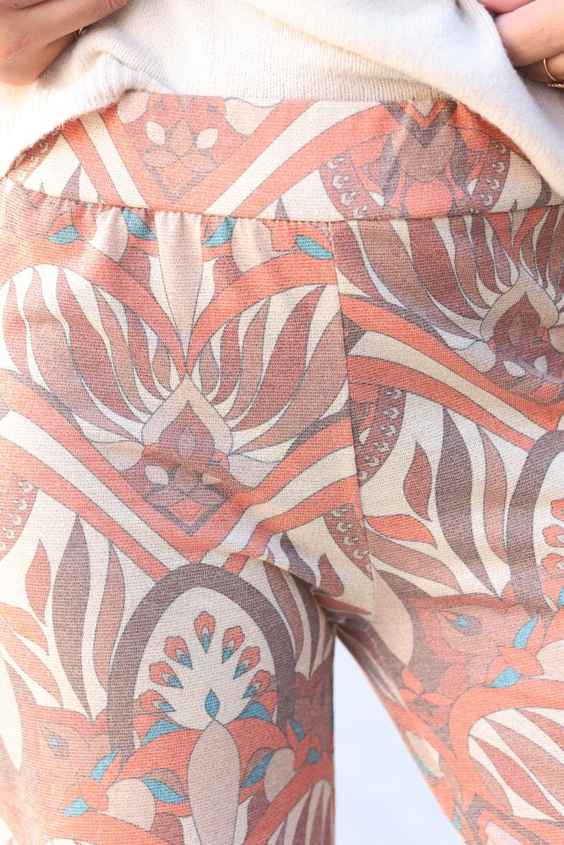 Pantalon brillant imprime ethnique orange G188 (1)