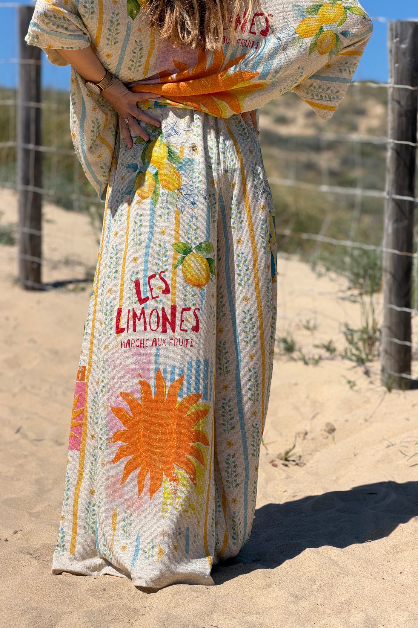 Cream “Be Joyful” Glitter Knit Lemon Stripe Pants