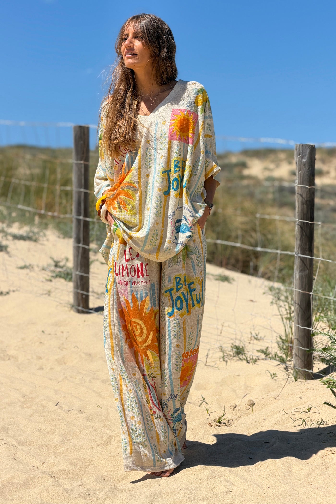 Cream “Be Joyful” Glitter Knit Lemon Stripe Pants