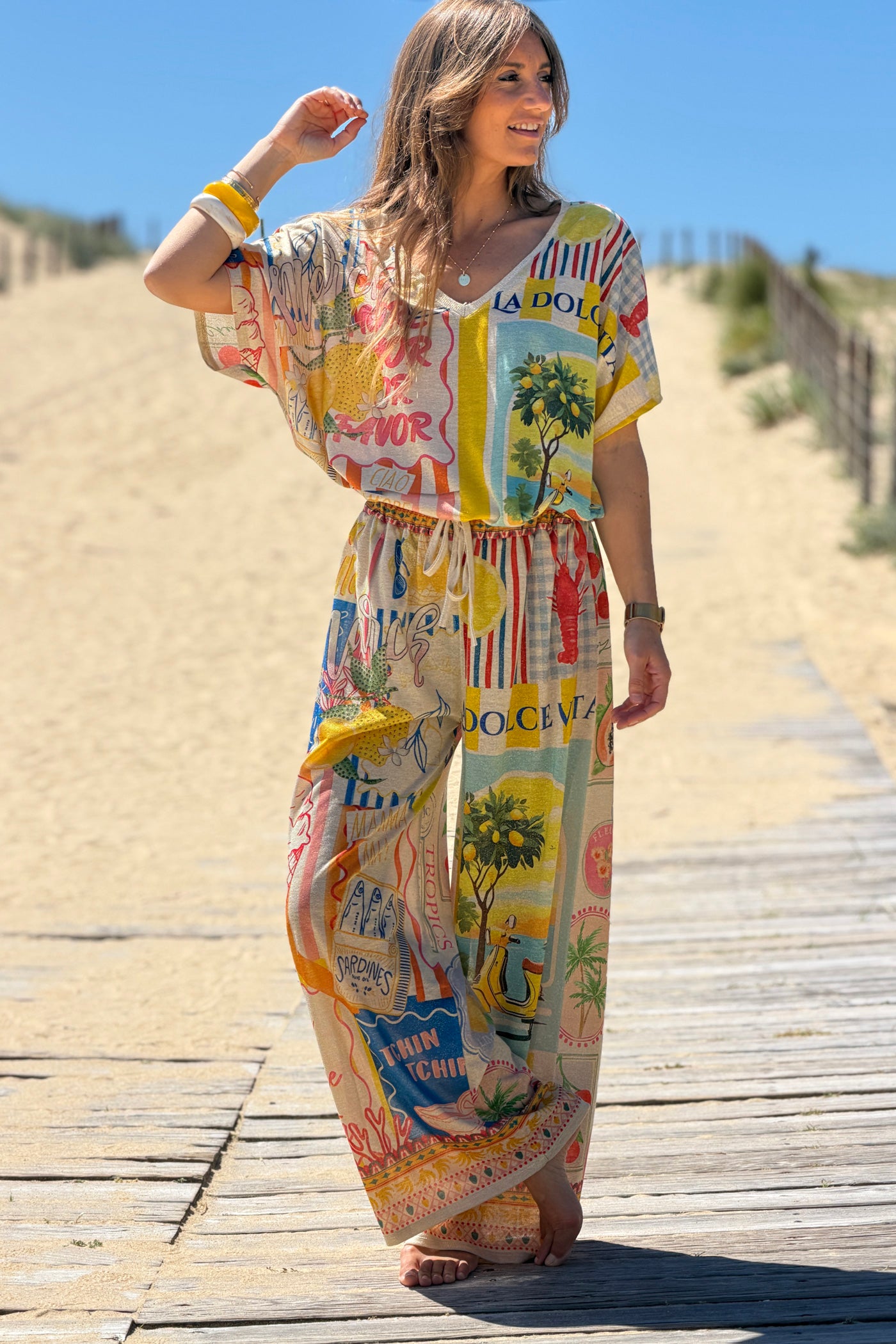 Pantalon brillant lurex large et souple imprimé coloré Dolce Vita Italie et cadres