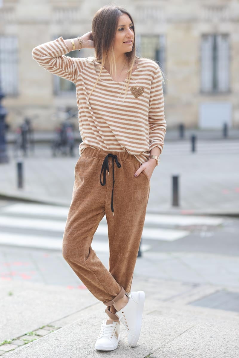 Pantalon camel en petit velours cotele souple ceinture elastique g270 (1)