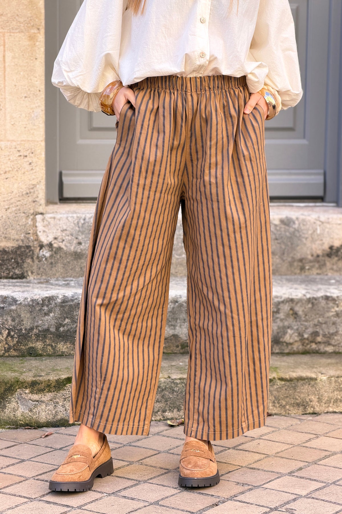 Camel Wide-Leg Pinstripe Pants